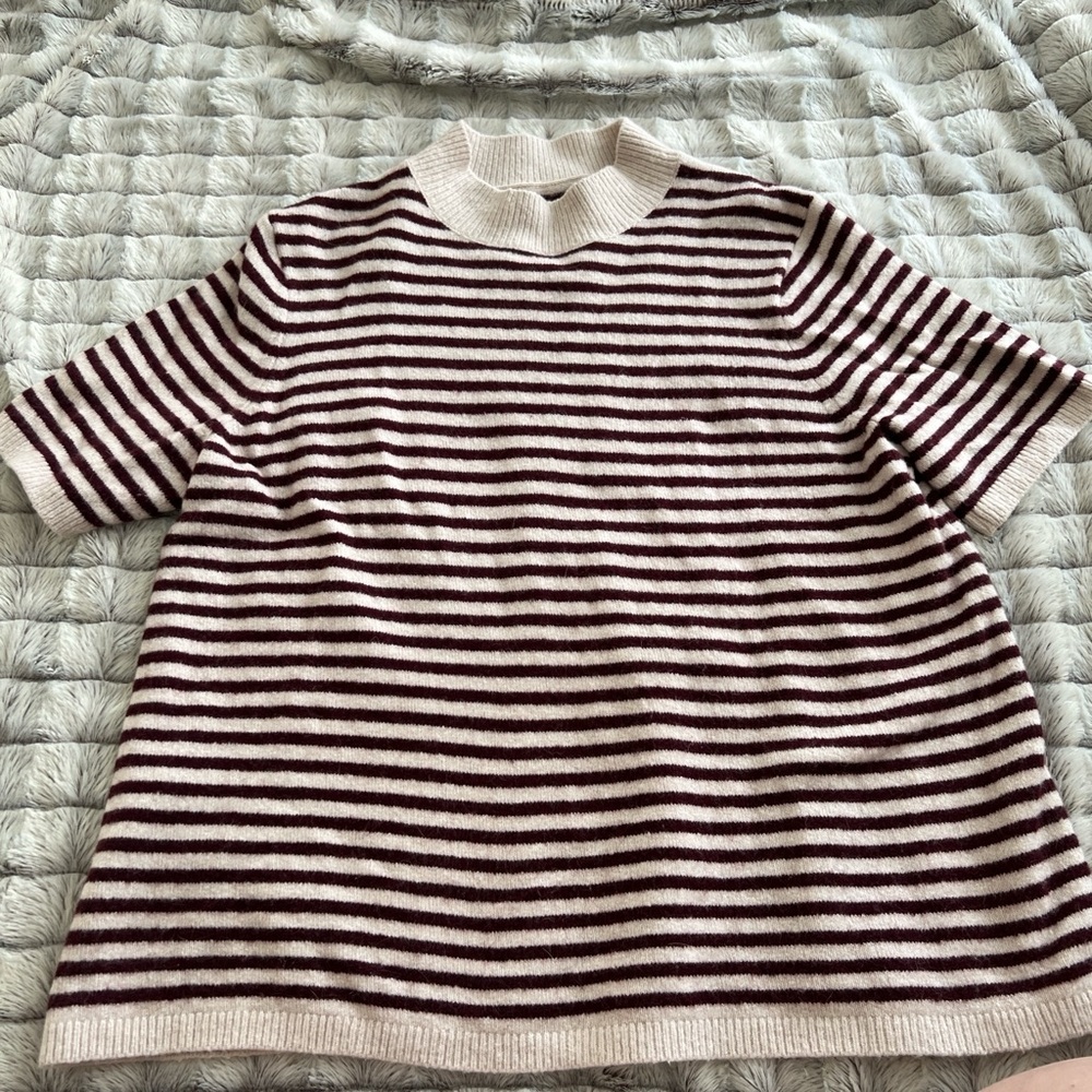 Loft Burgundy and Cream Stripped Mock Neck Sweater Shirt